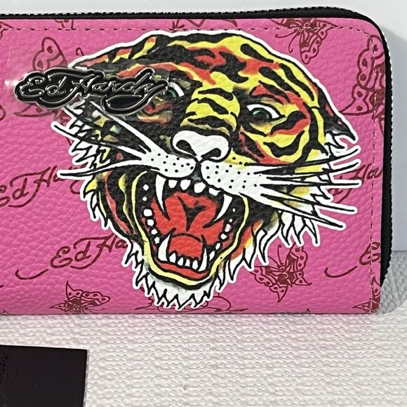 Ed Hardy Zip Around Wallet Wristlet Pink Tiger Vegan Leather Card Slot Pockets - Picture 9 of 14